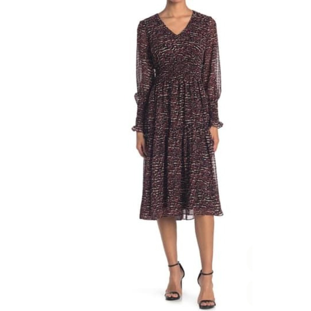 Just Taylor Chiffon Midi Dress Womens 2 Animal Print Smocked Long Sleeve Sheer